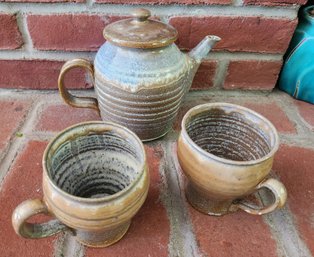 Creek Hill Pottery Handcrafted Stoneware Teapot & Mug Set Multi Tone Glaze Art Pottery 3 Piece Tea Set