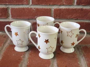 Gold Star Pedestal Coffee Mugs White Ceramic Retro Celestial Tea Cups Fun Holiday Drinkware Set Of 4