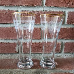 Circleware Gold Rim Pilsner Glasses Set Of 2 Etched White Scroll Beer Tumblers Made In Turkey 7.5 Inch Tall