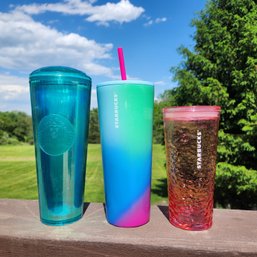 Starbucks Tumbler Lot Venti 24oz Stainless Prism Gradient Teal Blue Iridescent Dome 18oz Pink Wave Ripple Glas