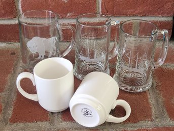 Luminarc Etched Glass Steins & Homer Laughlin Pristine Ceramic Mugs, Buffalo Nautical Barware Glassware Lot