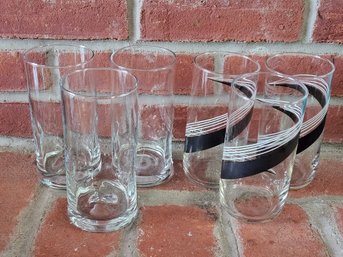 Libbey Crisa Impressions Cooler Glasses & Vintage MCM Black White Swirl Highball Cocktail Tumblers Set Of 6