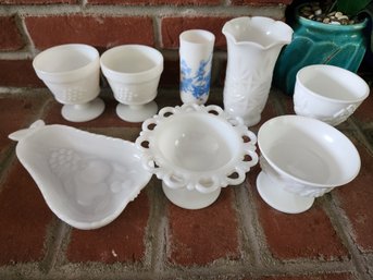 Vintage Mid Century Milk Glass Tableware 7 Piece Estate Set Patterned Pedestal Cups Vases & Avon Demitasse
