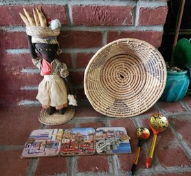 Vintage Jamaican Folk Art Cloth Doll Woven Coiled Straw Basket Coasters Russian Khokhloma Spoons Lot