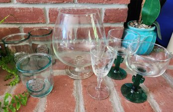 Cactus Margarita Glasses Etched Floral Wine Goblet San Miguel Recycled Tumblers Glassware Barware Lot