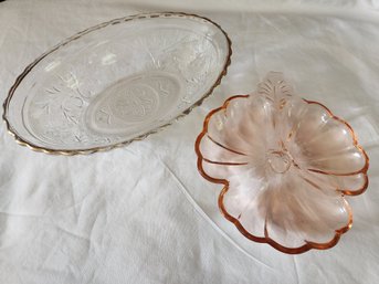 Vintage Indiana Glass Tiara Sandwich Clear Bowl Gold Rim & Pink Leaf Candy Dish Indiana Glass Depression Style