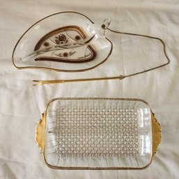 Georges Briard Glass Relish Dish & Vintage Gold Trim Leaf Tray & Hobnail 2 Piece Divided Serveware Lot