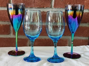 Cristar Sky Blue Wine Glasses & Iridescent Wine Goblets Metallic Rainbow Stemware Drinkware Lot Of 4