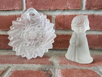 Goebel Frosted Glass Stable Boy Figurine 1978 Nativity Shepherd & Leaf Nappy Dish Vintage Satin Glass Bowl