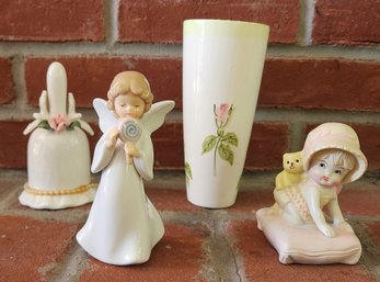 Porcelain Angel With Lollipop Figurine, Ceramic Floral Vase, Miniature Bell & Girl On Pillow Lot, 4pc