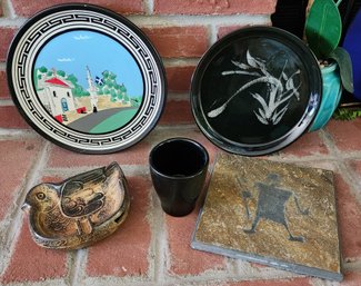 Vintage Greek Ceramic Wall Plate, Mid Century Abstract Platter, Slate Kokopelli Coaster, Germany Porcelain Cup