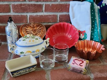 Vintage Kitchen Lot, Made In Portugal Stoneware Bowl, Italian Tureen, Nantucket Baker, Copper Molds