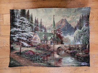 Thomas Kinkade Light Up Fiber Optic Tapestry - Winter Chapel Mountain Bridge Wall Hanging Art Banner 36x26