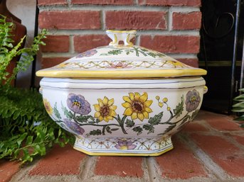 Large Tureen Ceramic Covered Serving Dish FFA Marques Lda Malveira Portugal Sunflower Floral Hand Painted