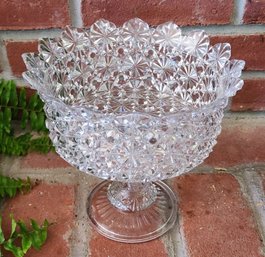 Clear Glass Footed Compote Bowl, Daisy And Button Starburst Pattern Pedestal Fruit Dish, 8' X 7.5'
