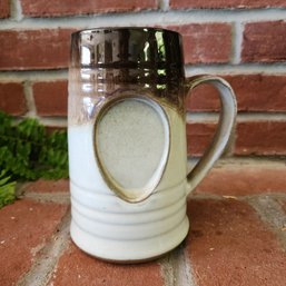 Hand Crafted Pottery Beer Mug Tankard White Brown Drip Glaze Artist Signed Ceramic Stein Cup