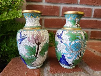 Chinese Cloisonne Vase Pair 4.75' Vintage Brass Enamel Floral Bird Baluster Miniature Vases Set Of 2