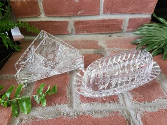 Crystal Pinwheel Napkin Holder & Starburst Glass Butter Dish Lot, Vintage Tableware, Imperial Glass Clear