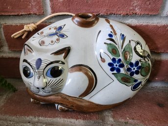 Mexican Folk Art Pottery Hanging Cat Vase  Hand Crafted Ceramic Wall Pocket Flower Planter Home Decor Accent