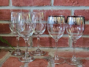 Vintage Libbey Salute Wine Glasses Set Of Three With Two Silver Rim Greek Key Pattern Stemware Goblets Glass L