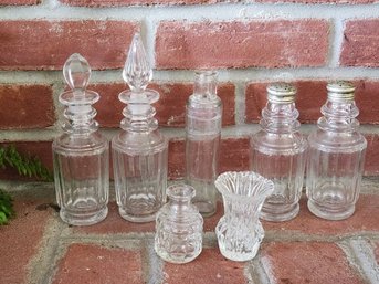 Vintage Clear Glass Bottles Lot Pressed Glass Shakers Decanters Toothpick Holder Apothecary Vanity Set 7pc