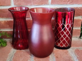 Red Art Glass Vase Collection - Ruby Ribbed, Satin Frosted Flare, And Lattice Mercury Cylinder Vases, 3 Pieces