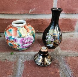 Asian Porcelain Mini Bud Vase Grouping, Japanese Floral & Greco-Roman Gilt Ceramics, Small Decorative Pottery