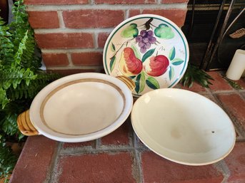 Mixed Vintage Pottery Lot Fire Heat Proof Casserole Dish, Ironstone Hand Painted Fruit Platter, Floral Bowl