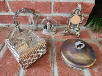 Vintage Pewter & Glass Desk Lot Cynthia Rowley Filigree Trinket Box Fairy Frame Dolphin Lighthouse Holder