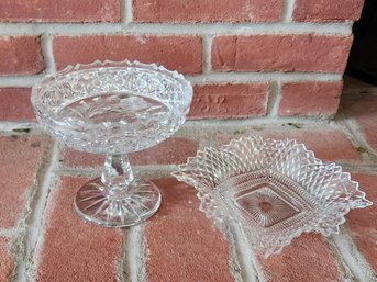 Crystal Cut Glass Footed Pedestal Fruit Compote And Pointed Diamond Textured Square Serving Candy Dish Lot