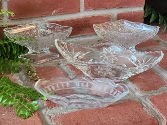 Vintage Clear Pressed Glass Bowls & Oval Dishes, 4-Piece Estate Relish Tray & Pedestal Candy Dish Lot