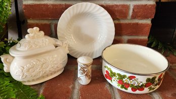 Retro Kitchenware Set Johnson Bros Swirl Rim Soup Plate & Enamelware Strawberry Bowl