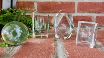 Laser Etched Crystal Paperweights Lot - God Bless America Twin Towers Taurus Dolphin Florida Souvenir 3D Glass