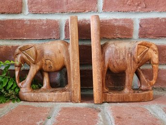 Besmo Hand Carved Wooden Elephant Bookends Set Vintage African Kenya Library Sculpture Book Ends