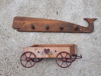 Vintage Wooden Whale Wall Coat Rack & Hand Painted Floral Decorative Wagon Planter Lot - 2 Pieces Rustic Decor