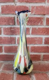 Vintage Murano Style Art Glass Vase 14' Hand Blown Multi Color Spatter Swung Flared Bud Vase Decorative Gl