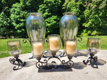 Pier 1 Imports 5-Piece Lustre Glass With Metal Stands - Pair Of 22' Vases & Candle Holder Set