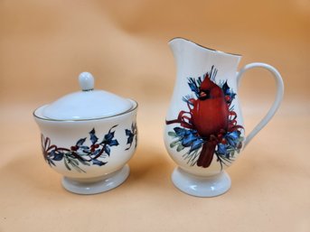Lenox Winter Greetings Sugar Bowl & Creamer Pitcher Set Catherine McClung Cardinal