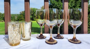 7pc Glassware Lot - Smoke Amber Wine Glasses & Gold Speckled Tumblers