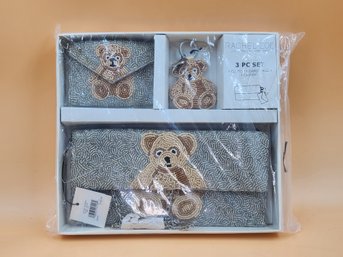 Rachel Zoe 3 Piece Beaded Teddy Bear Set Clutch Card Case Charm Silver New NIB