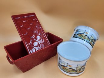 Real Home Red Ceramic Earthenware Loaf Baking Dish Trivet & Enamelware Songbird Storage Bowls Lids Set