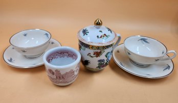 Syracuse China Celeste Tea Cups Saucers Famille Rose Lidded Mug Town Pink Willow Asian Porcelain Teaware Lot