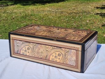 Wooden Trunk Decorative Box Lithograph Patterned Paper Keepsake Chest Hinged Lid Storage 17 X 9.625 X 5.75