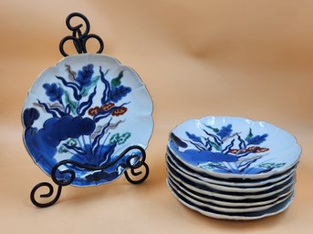 Set Of 8 Japanese Imari Porcelain Scalloped Plates Hand Painted Blue Floral Dishes Gilt Rim Asian Ceramic 8 In