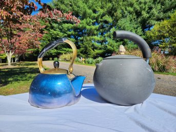 Vintage Hoyang Norway Blue Aluminum Tea Kettle & Modernist Black Stoneware Sculpted Lid Teapot Set
