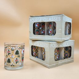 GEORGES BRIARD Christmas Glasses Set (8) 14oz Lowball Gold Trim Holiday Barware 2 Boxes