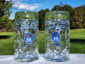 Hofbrauhaus HB Munchen 0.5L Dimpled Glass Beer Steins / Mugs, Set Of Two