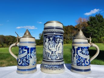 German Lidded Beer Steins Set Of 3 Blue Grey Salt Glazed Stoneware Pewter Lids Relief Scene Made In Germany