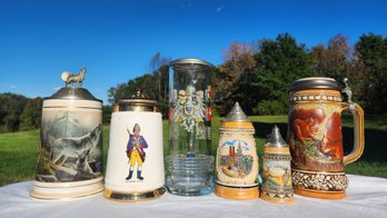 Lot 6 German Beer Steins Gerz West Germany Longton Crown Wolf Musical Domex Glass Mugs