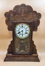 Waterbury Carved Wooden Mantel Clock With Reverse Painted Door
